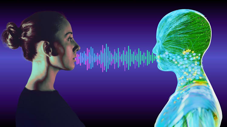 AI voice cloning waveform between human and digital model